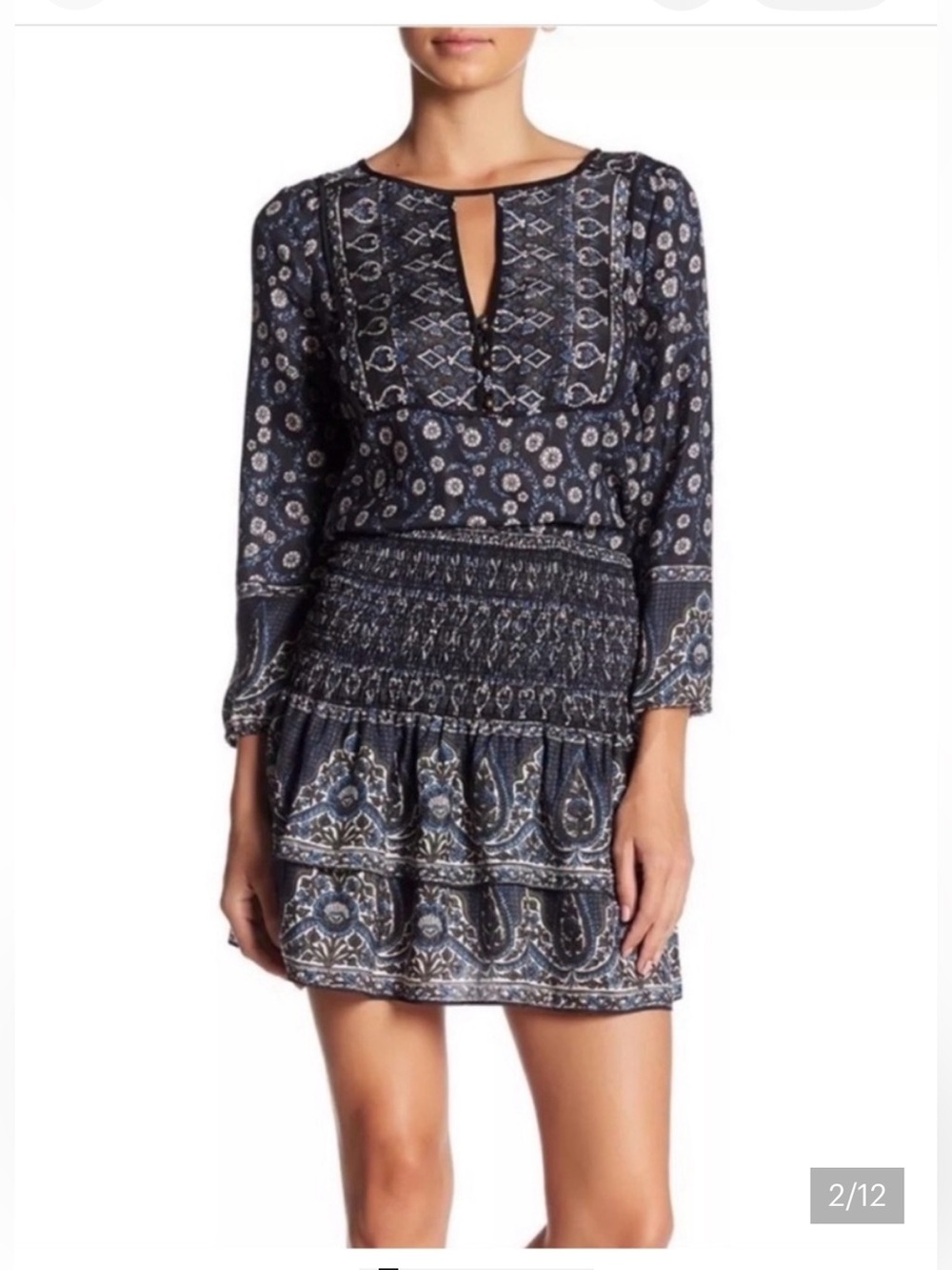 Veronica Beard Makai Long Sleeve 100% Silk Printed Smocked Waist Boho Dress